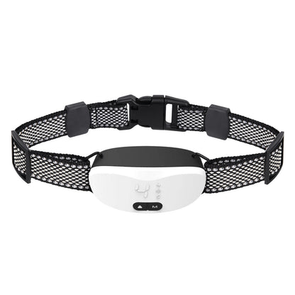 Rechargeable anti-bark collar with a white control unit and adjustable black mesh strap displayed against a white background.