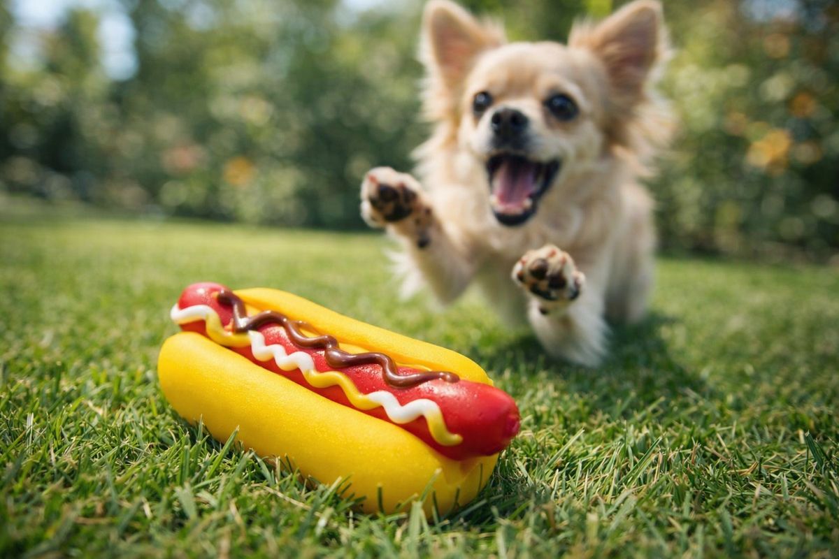 Squeaky Sausage Hotdog Dog Toy — interactive use