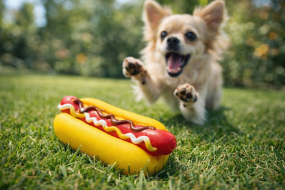Squeaky Sausage Hotdog Dog Toy — interactive use